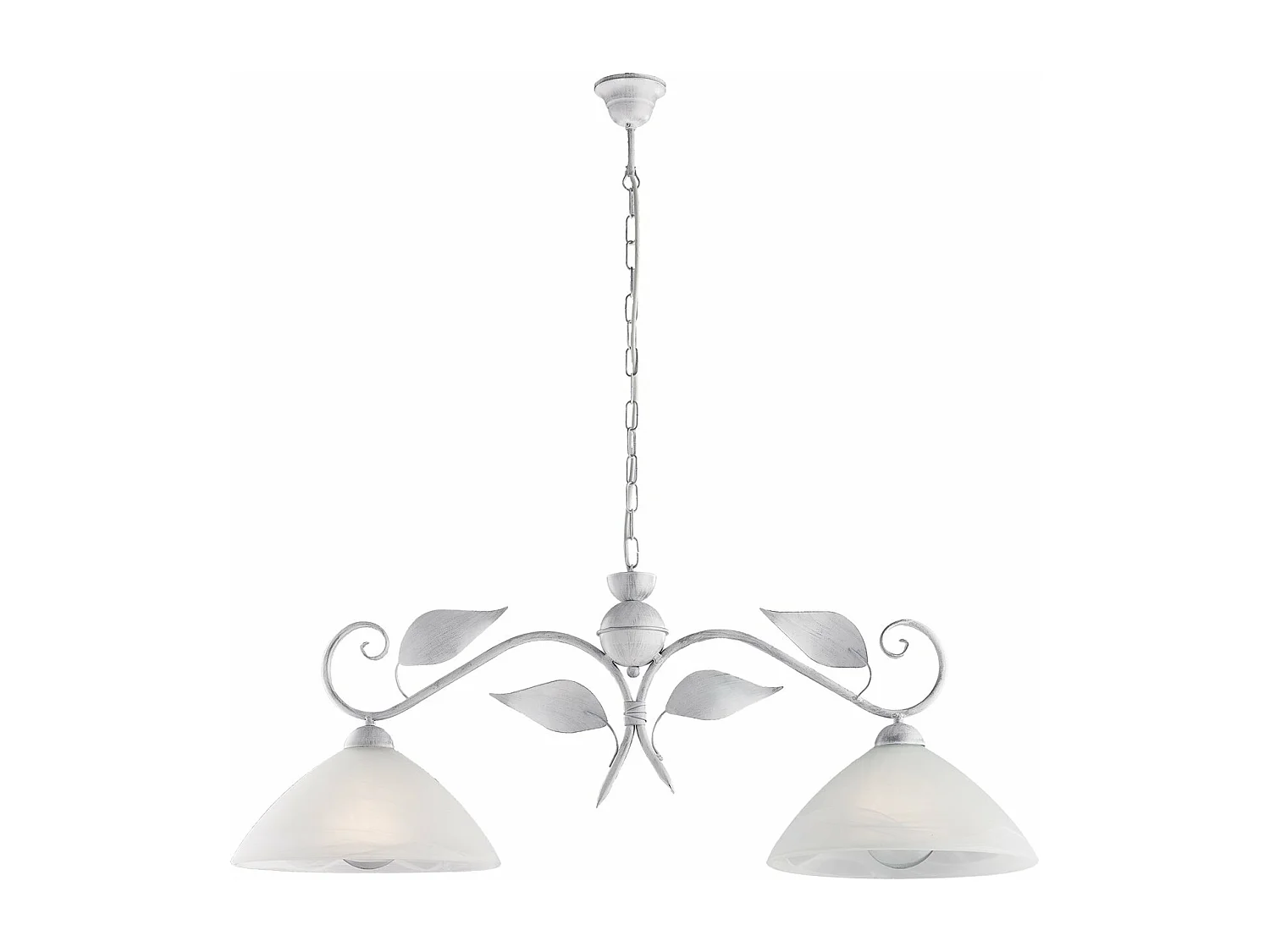 Lustre Esse fer blanc, déco argent antique, verre albâtre d.30, 2 lumières 96x30 cm, parfait pour couloirs élégants