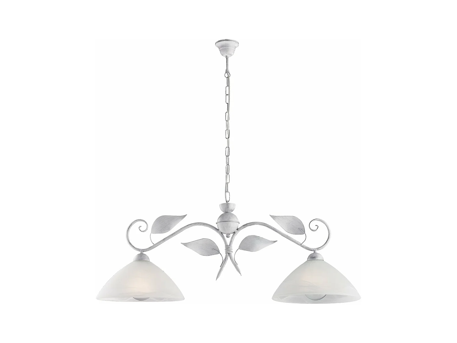 Lustre Esse fer blanc, déco argent antique, verre albâtre d.30, 2 lumières 96x30 cm, parfait pour couloirs élégants