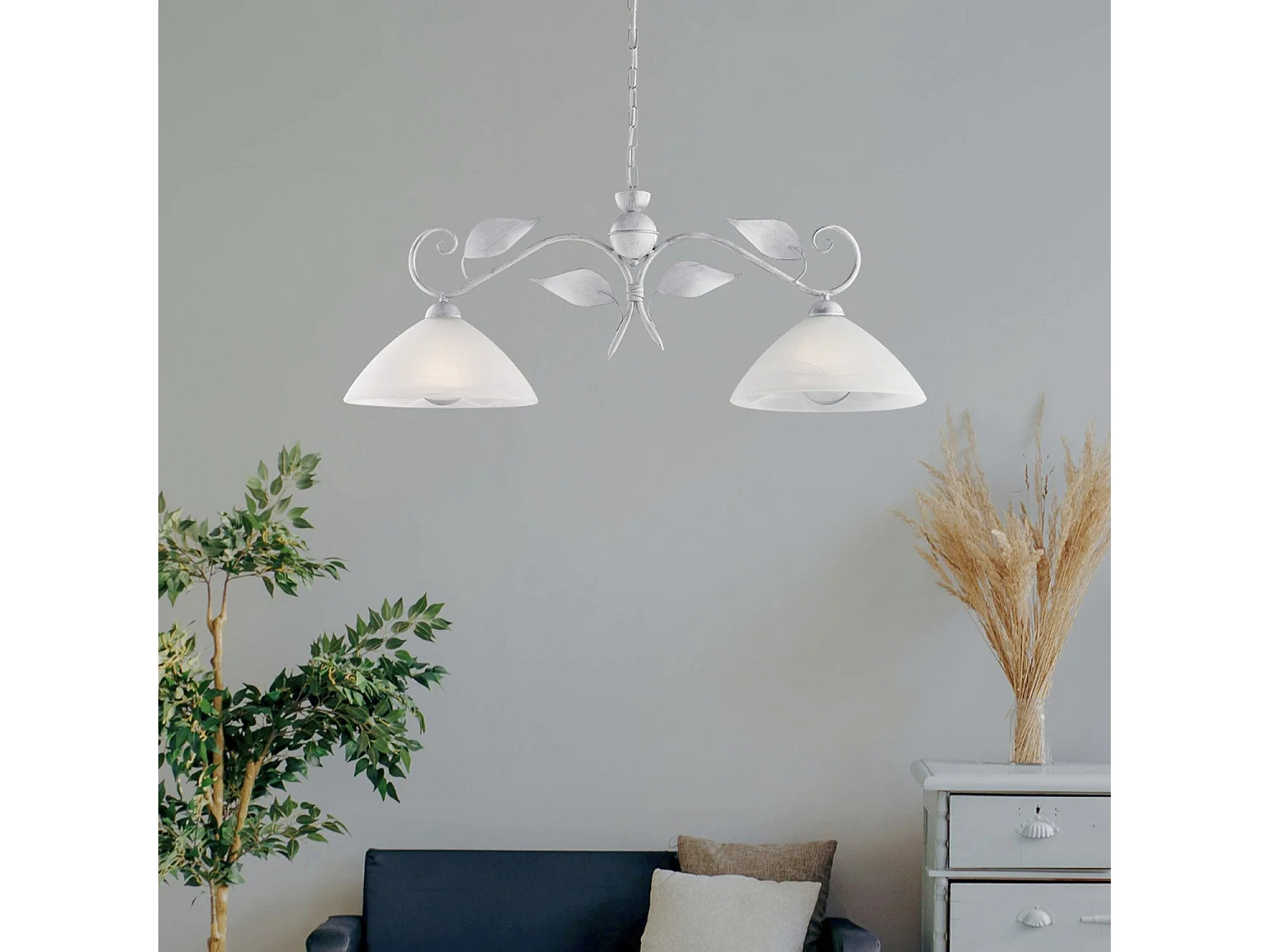 Lustre Esse fer blanc, déco argent antique, verre albâtre d.30, 2 lumières 96x30 cm, parfait pour couloirs élégants