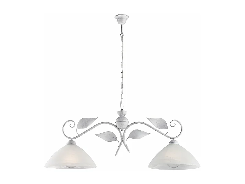 Lustre Esse fer blanc, déco argent antique, verre albâtre d.30, 2 lumières 96x30 cm, parfait pour couloirs élégants