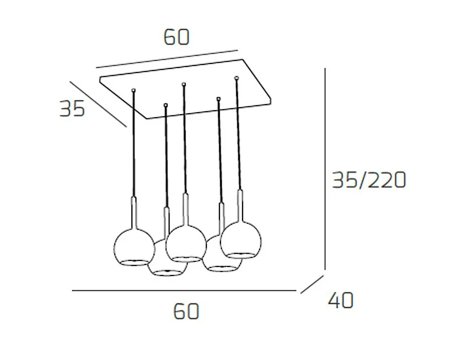 Sosp. Cromo Rettangolare 5 Luci Vetri Tutti Piccolo Rame