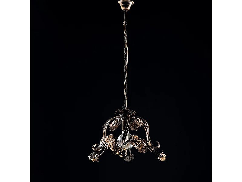 Sospensione Arte Povera 1 Luce con Foglie in Ferro Marrone e Oro Serie Iris