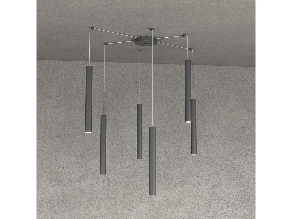 Round Tube Sospensione 6 Luci Grigio Antracite Cavo Cm.250 Con Base