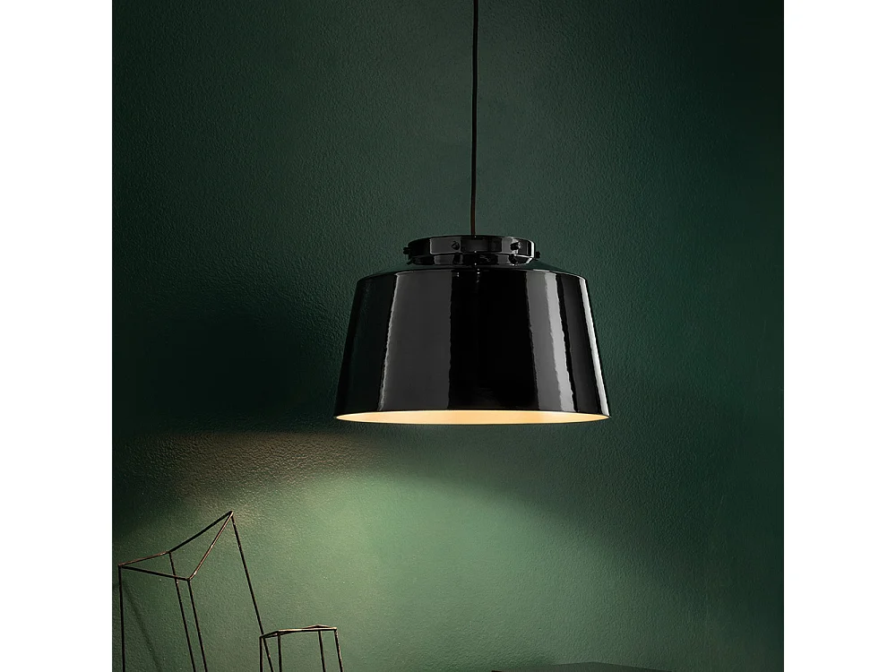 Lampadario Vintage 50'S Ferro E Ceramica Smaltato Nero 1 Luce E27 40Cm