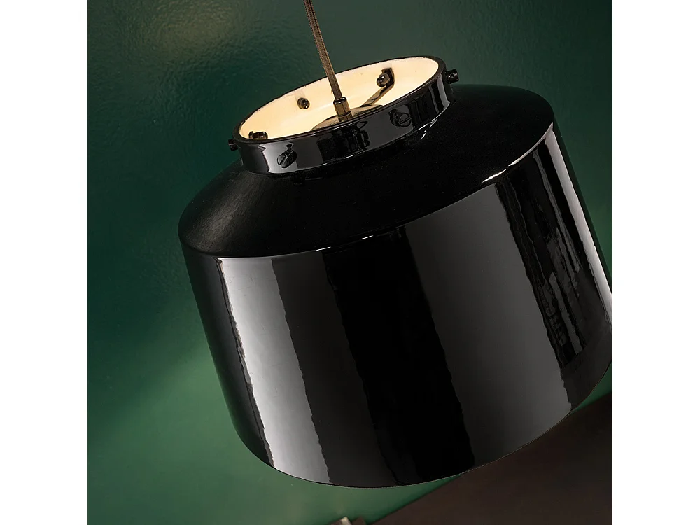 Lampadario Vintage 50'S Ferro E Ceramica Smaltato Nero 1 Luce E27 40Cm