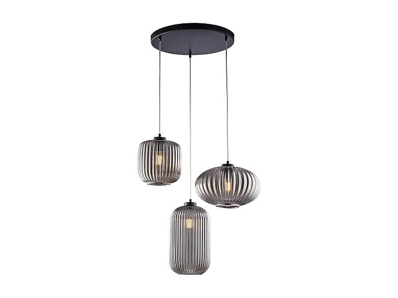 Glamour – Pendelleuchte schwarz, Glas grau verspiegelt mit Streifendekor, Ø55, 3-flammig – BL322-S3-SP