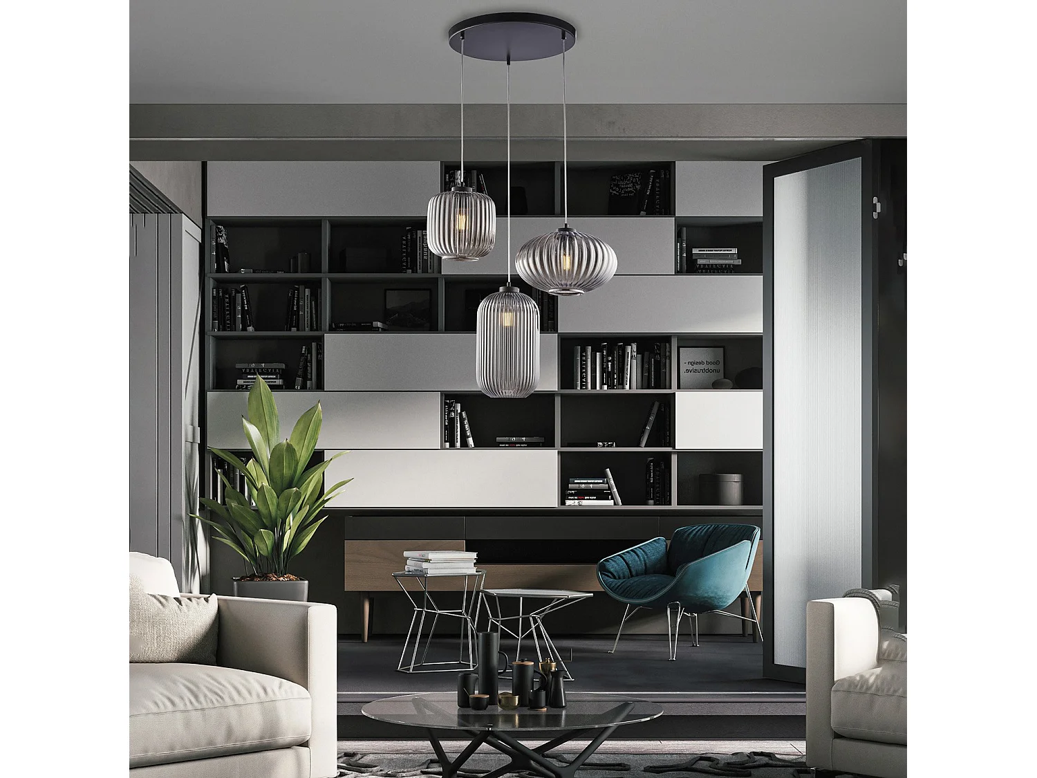 Suspension Glamour fer noir, câbles réglables, verre soufflé miroir gris décor rayé, 3 lumières, look élégant