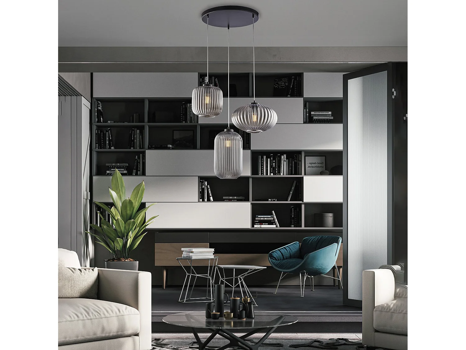 Suspension Glamour fer noir, câbles réglables, verre soufflé miroir gris décor rayé, 3 lumières, look élégant