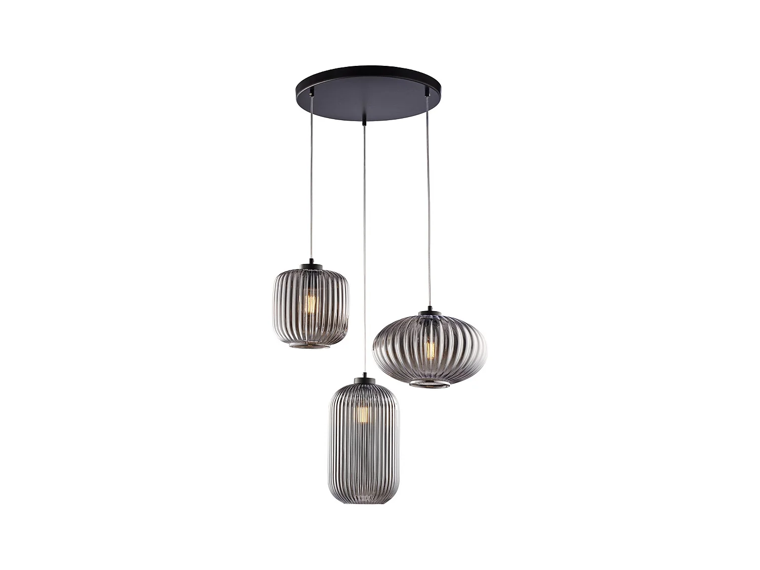 Suspension Glamour fer noir, câbles réglables, verre soufflé miroir gris décor rayé, 3 lumières, look élégant