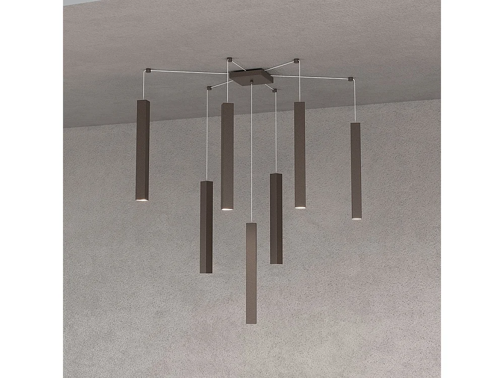 Square Tube Sospensione 7 Luci Marrone Cavo Cm.250 Con Base