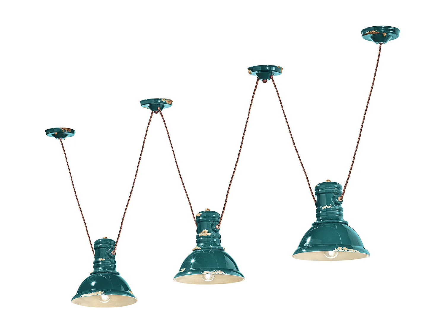 Lampadario Industrial Ferro E Ceramica Vintage Verde 3 Luci E27
