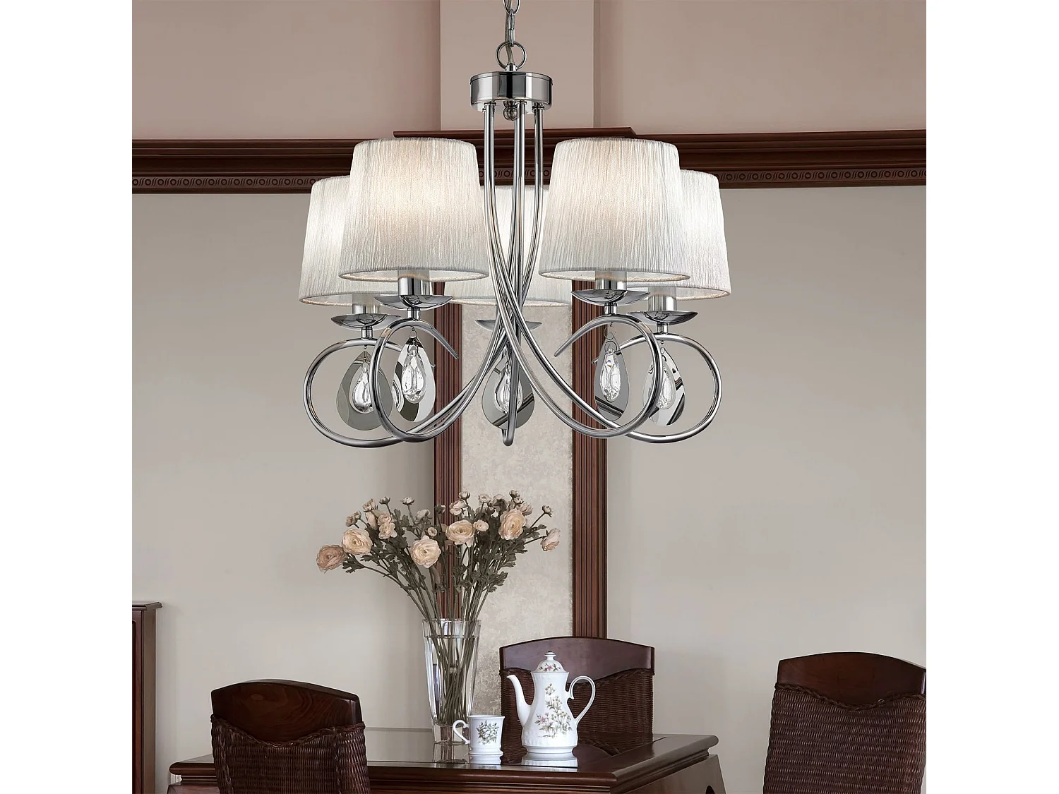 Searchlight Angelique - Sospensione a soffitto a 5 luci multibraccio cromata con paralumi, attacco E14