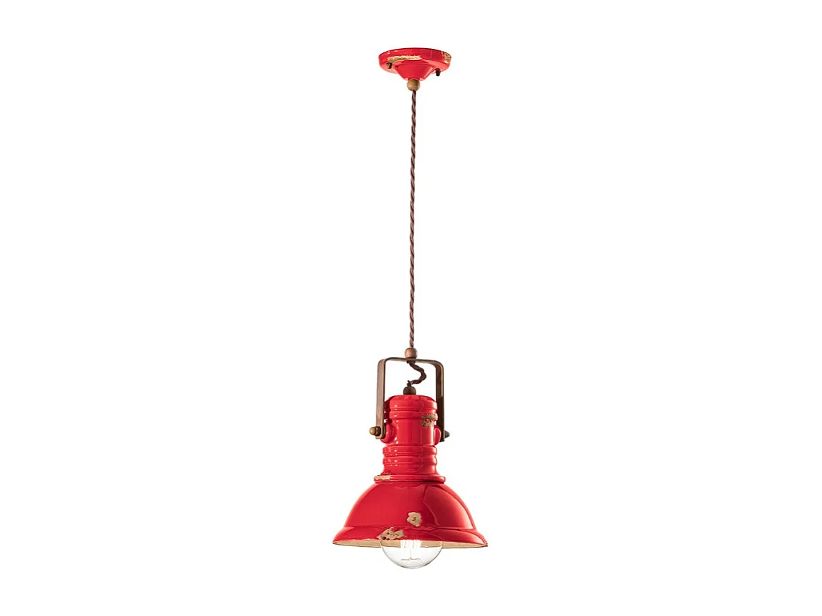 Lampadario Industrial Ferro E Ceramica Vintage Rosso 1 Luce E27 23Cm