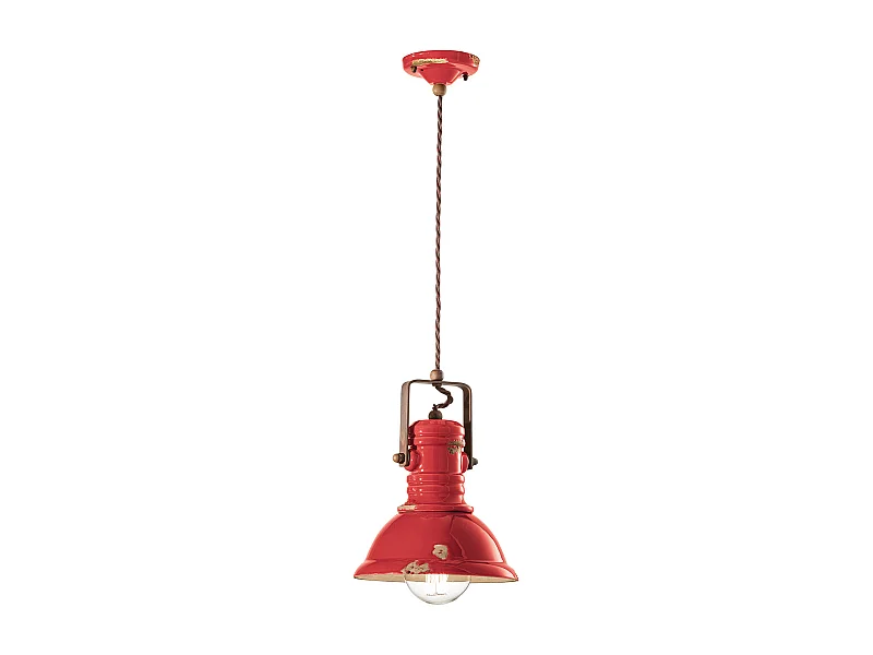 Lampadario Industrial Ferro E Ceramica Vintage Rosso 1 Luce E27 23Cm