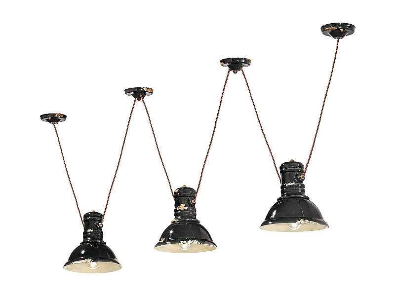 Lampadario Industrial Ferro E Ceramica Vintage Nero 3 Luci E27