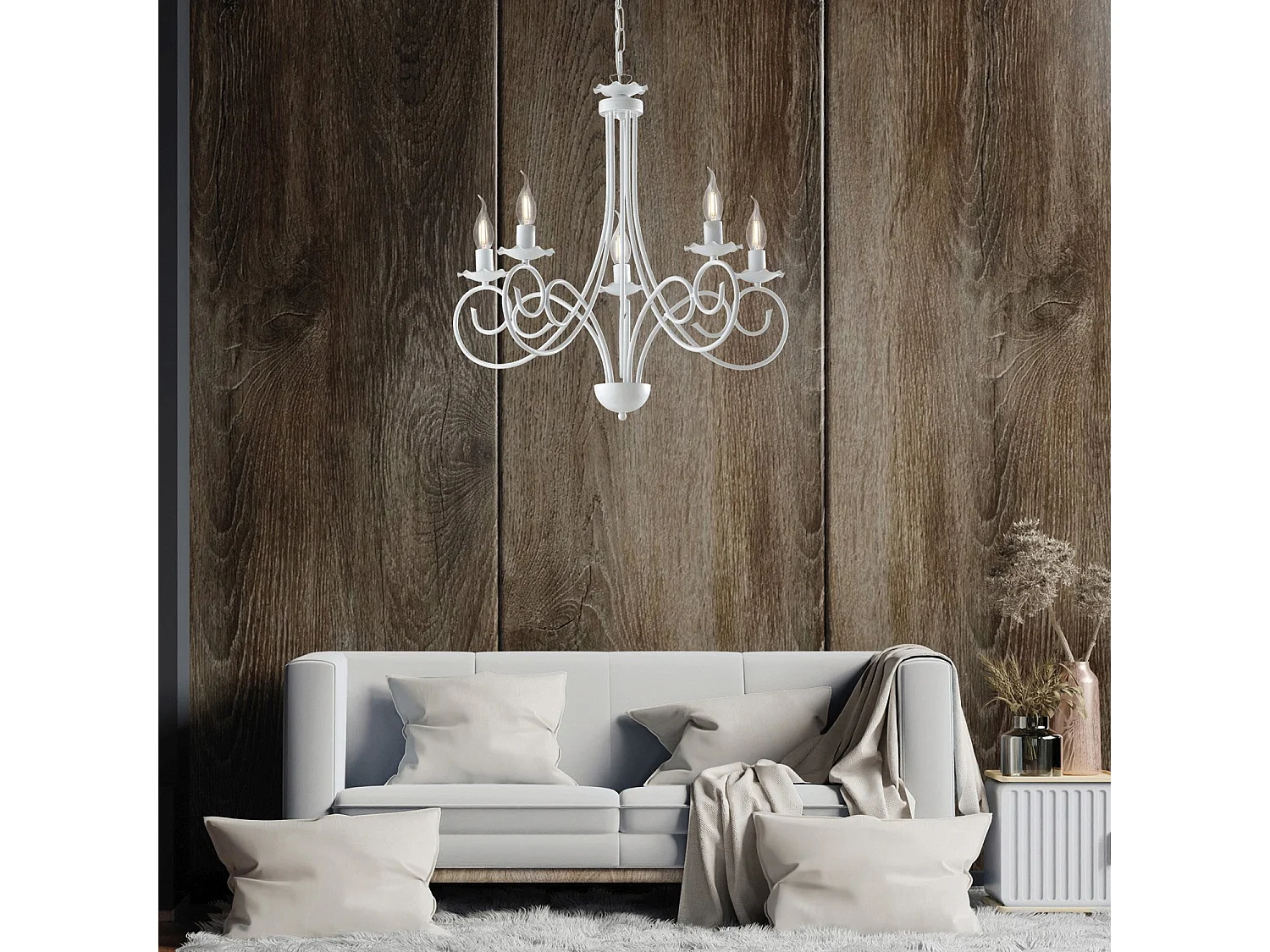 Alma Lustre en fer laqué blanc décoration effet shabby chic 5 lumières 120 d.57 BL130-5-BCO