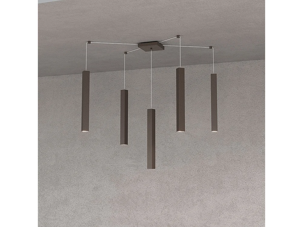 Square Tube Sospensione 5 Luci Marrone Cavo Cm.250 Con Base