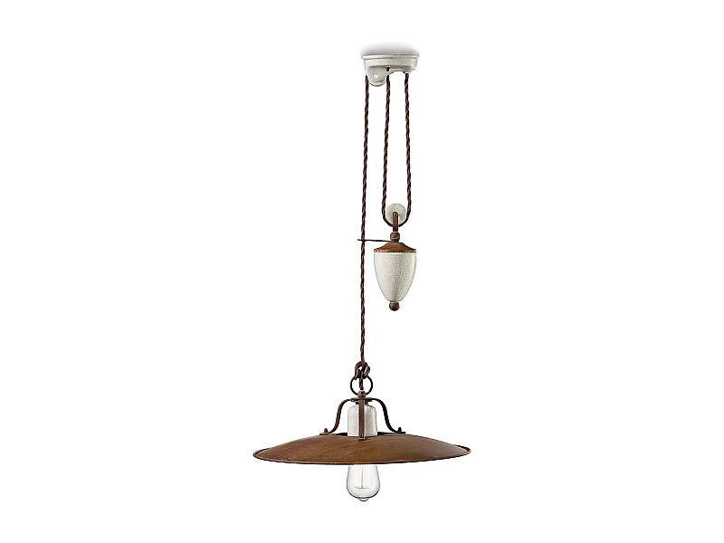 Lampadario Vintage Grunge Saliscendi Ferro E Ceramica Craquele' 1 Luce E27