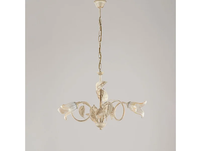 Lampadario Classico 3 Luci Foglie in Ferro Battuto Vetro Avorio Oro Serie Limone
