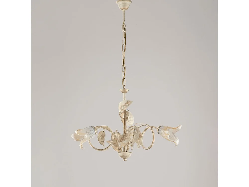 Lampadario Classico 3 Luci Foglie in Ferro Battuto Vetro Avorio Oro Serie Limone