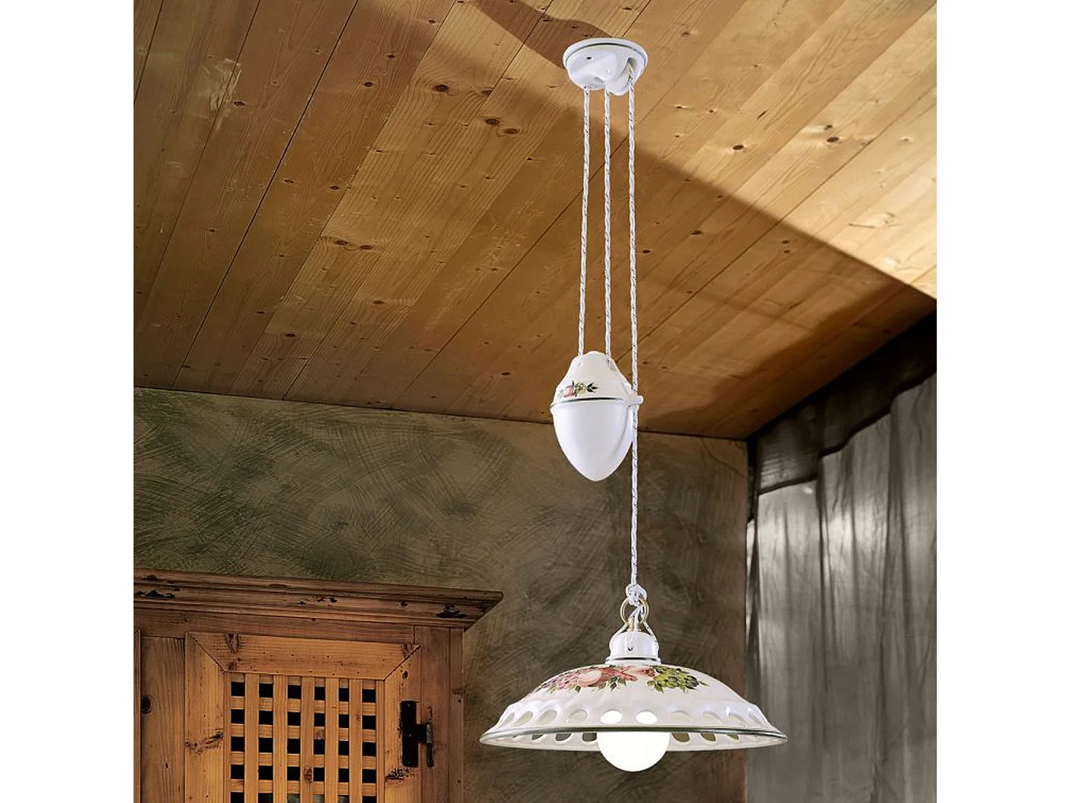 Lampadario Saliscendi Classico Napoli Ceramica E Ottone Satinato 1 Luce E27