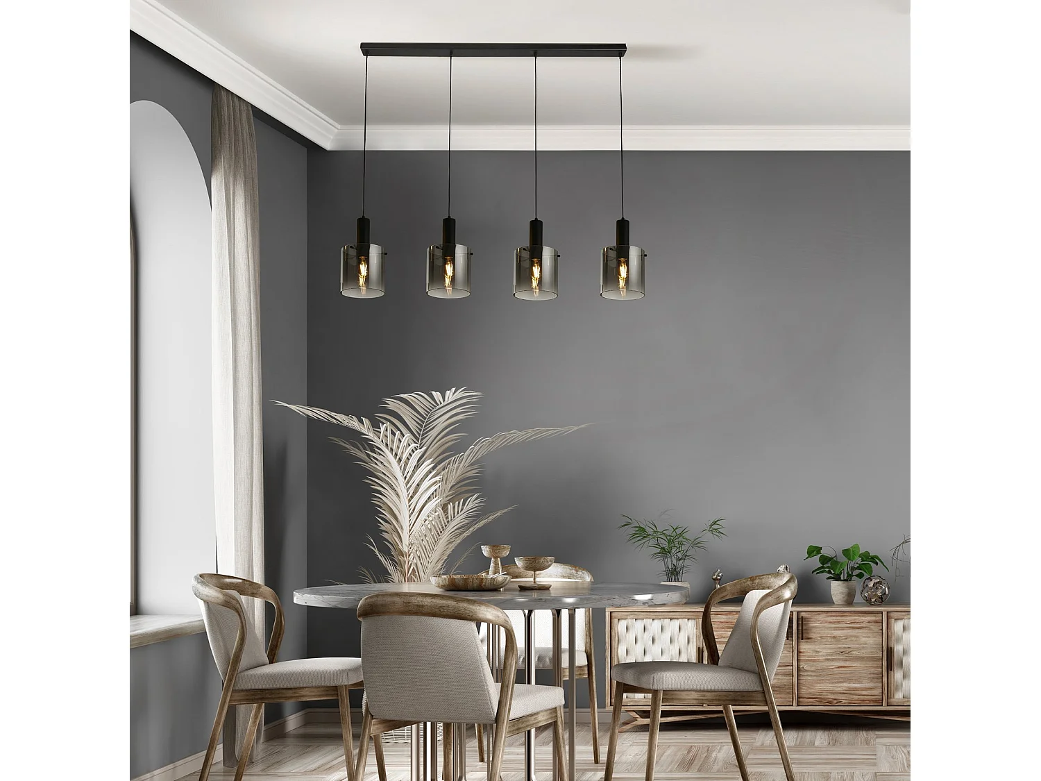 Searchlight Sweden Colgante de barra de 4 luces negro, vidrio degradado ahumado