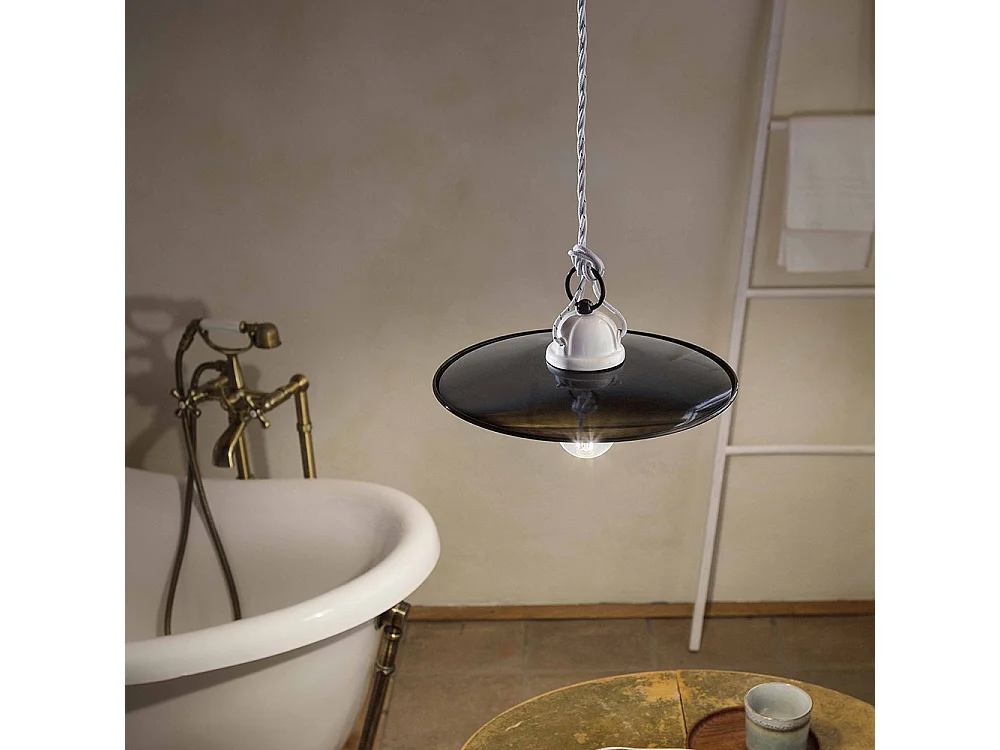 Lampadario Industrial Potenza Ferro E Ceramica Nero Diam. 30Cm 1 Luce E27