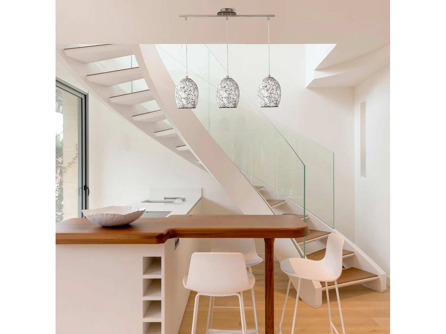 Lampadario Contemporaneo Crepitio Acciaio Argento Vetro 3 Luci E27