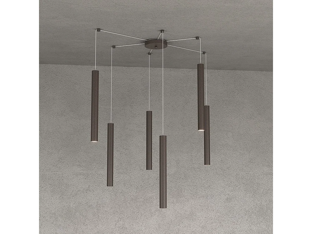Round Tube Sospensione 6 Luci Marrone Cavo Cm.250 Con Base