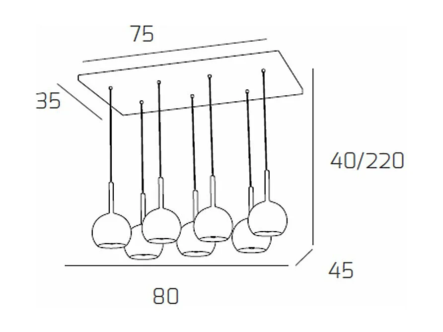 Sosp. Cromo Rettangolare 7 Luci Vetri Tutti Piccolo Rame