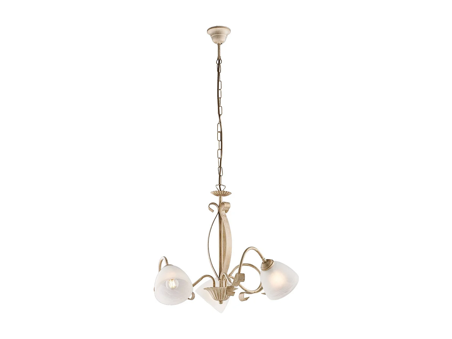 Lampadario Forgiato 3 Luci Ferro Avorio E Oro Vetro Bianco