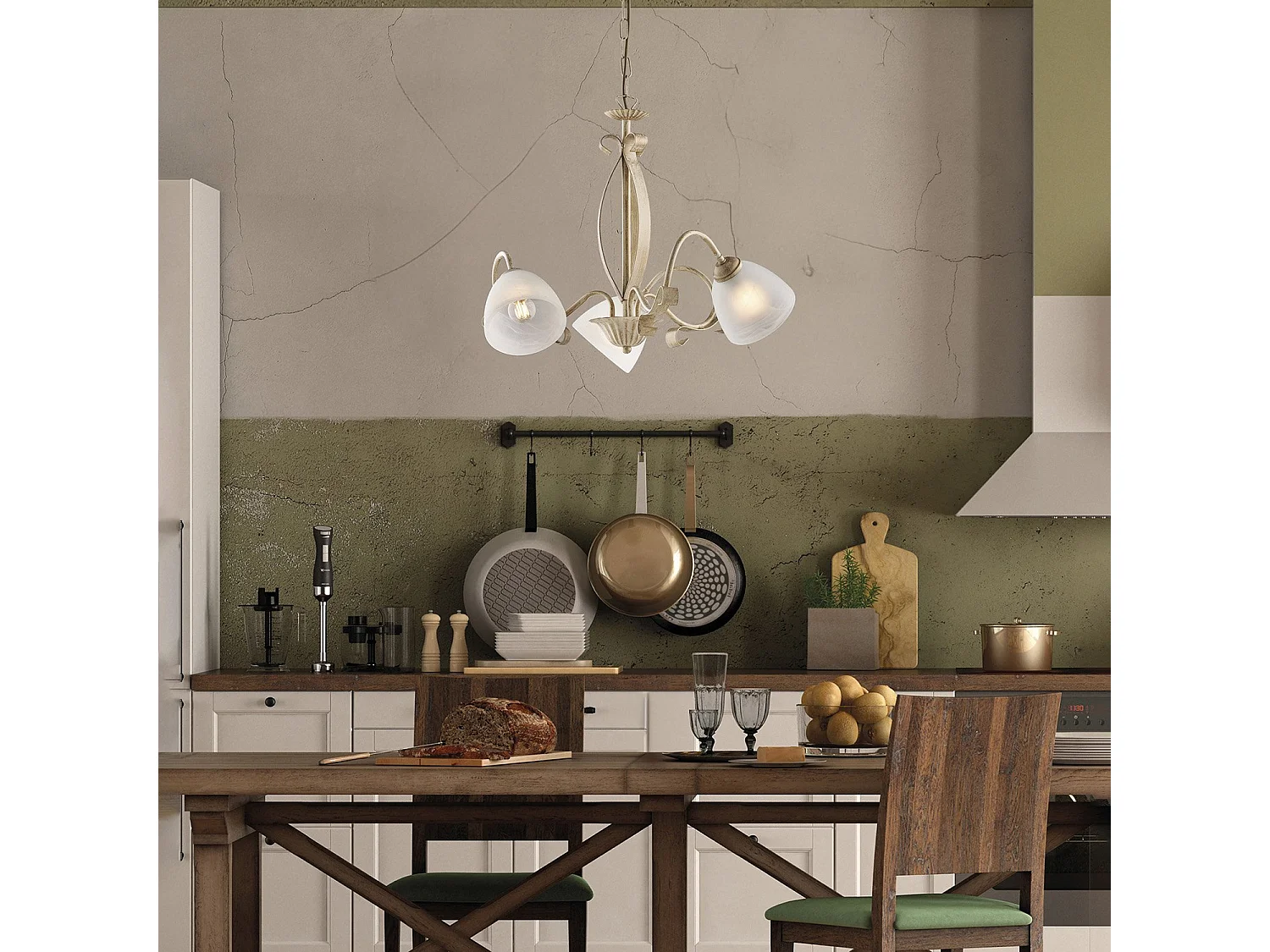 Lampadario Forgiato 3 Luci Ferro Avorio E Oro Vetro Bianco