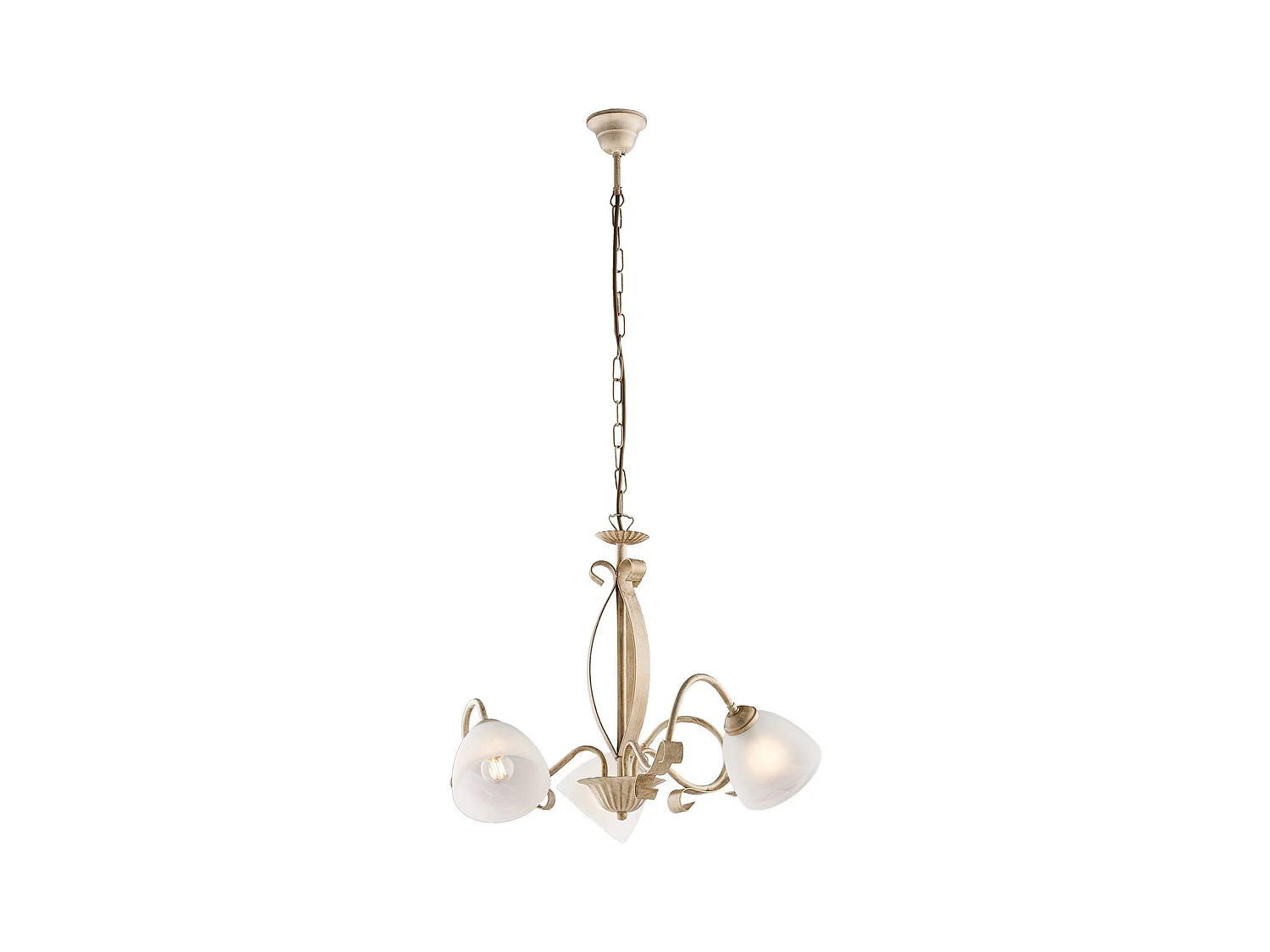 Lustre Forgiato fer ivoire, déco or antique, verre albâtre d.13, 3 lumières d.51 cm, style classique chaleureux