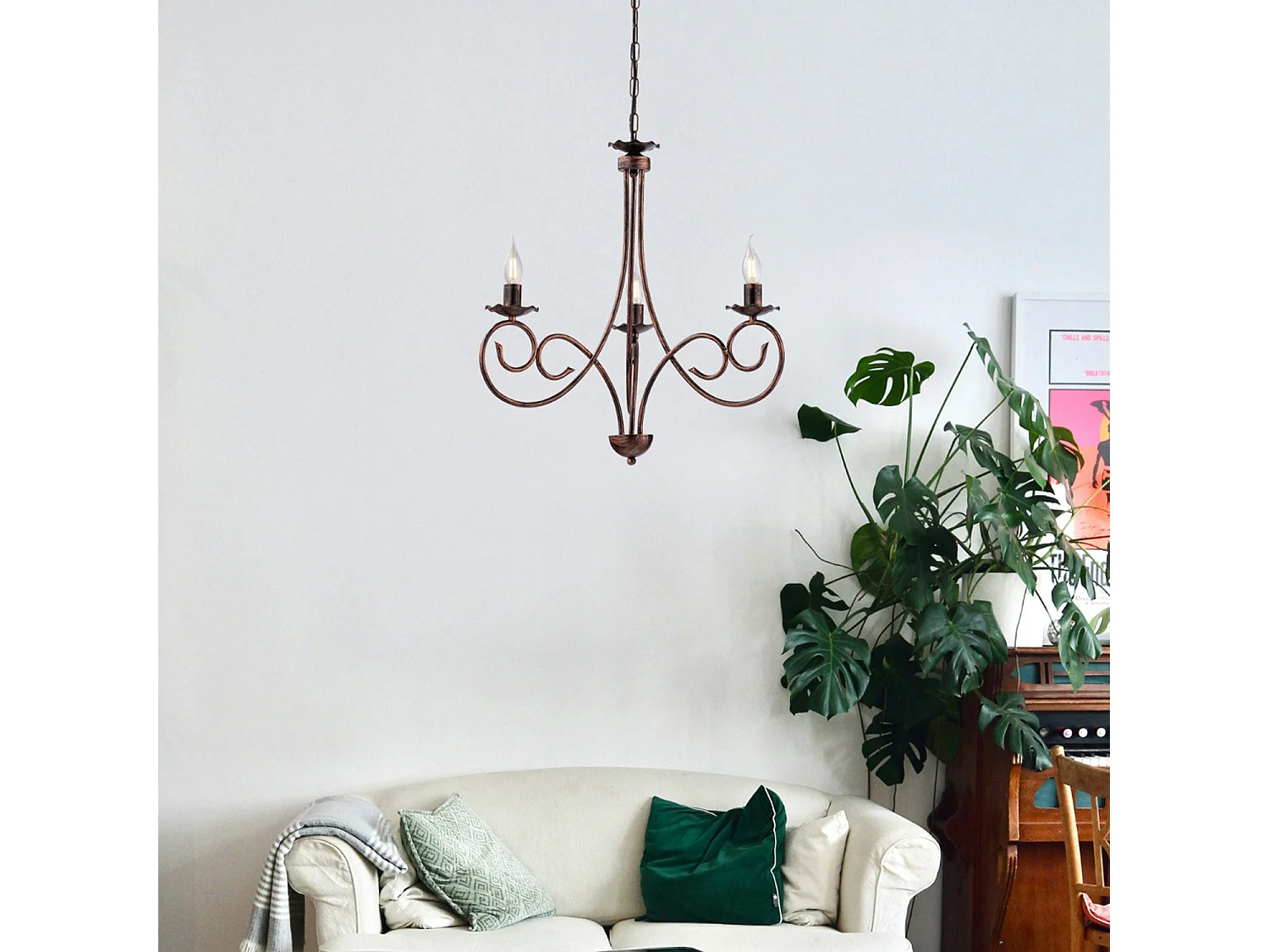 Alma Lustre en fer laqué noir décor cuivre antique 3 lumières 120 d.50 BL130-3-NR