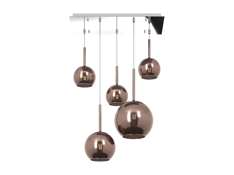 Sosp. Cromo Rettangolare 5 Luci Vetri (1 Grande+1 Medio+3 Piccolo) Tutti Rame