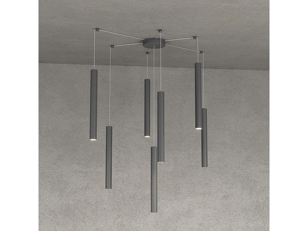 Round Tube Sospensione 7 Luci Grigio Antracite Cavo Cm.250 Con Base