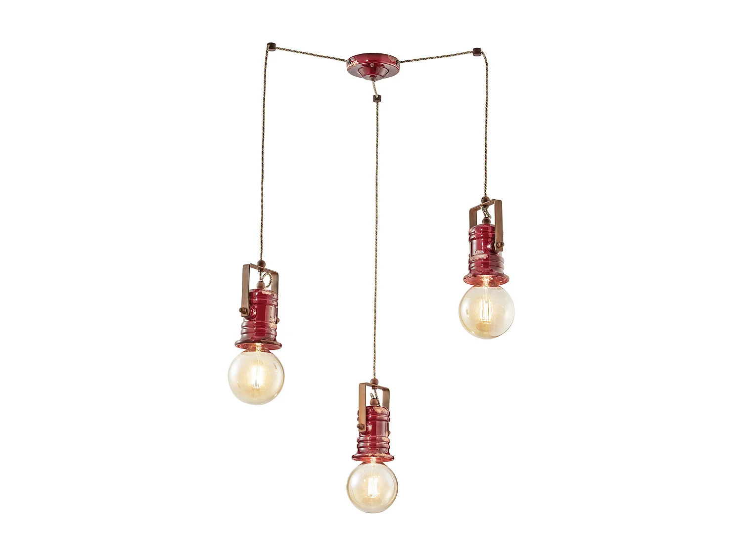 Lampadario Industrial Minimal Urban Ferro Ceramica Vintage Bordeaux 3 Luci E27