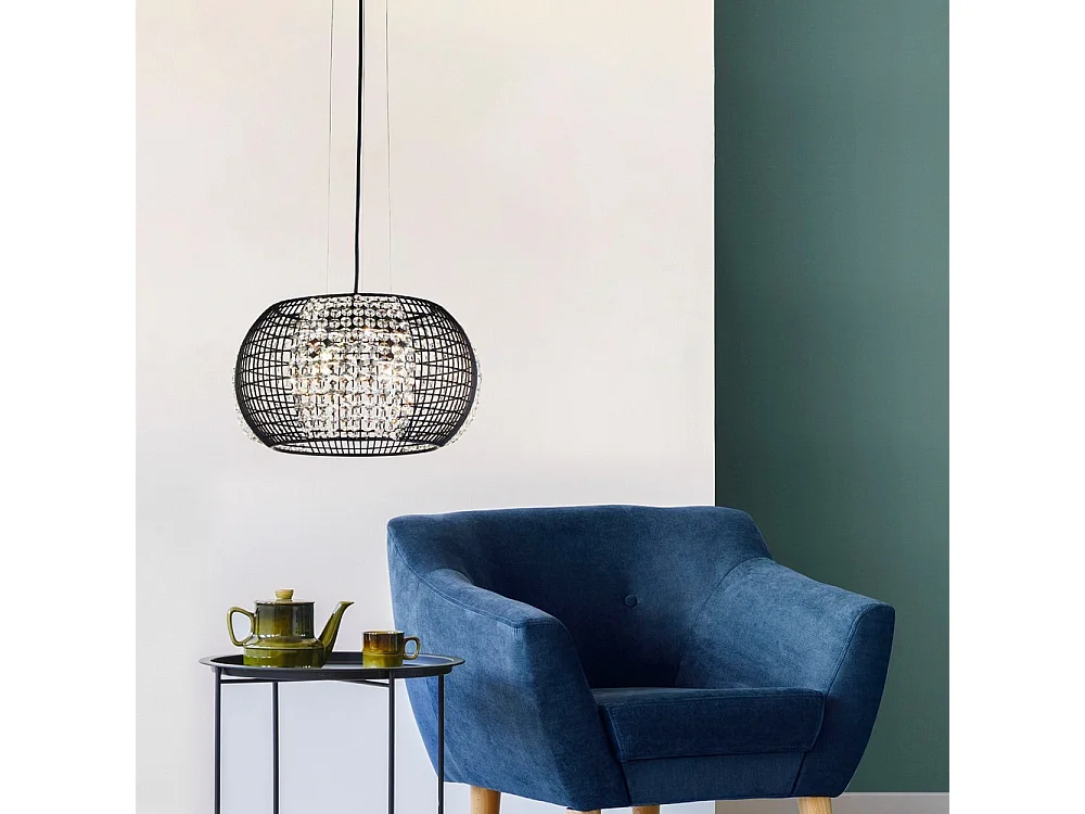 Searchlight CAGE 4 ljus svart trumma takhnge med kristallglaspaneler