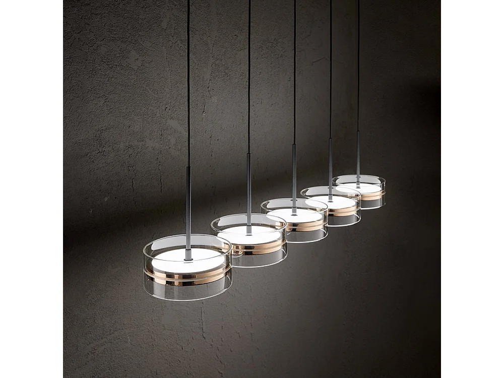 Pendellampe lavet af metal og borosilikatglas, 5 LED-lys 70 W 3000 K, blank guld og mat sort, dæmpbar, højde 250 cm - Perenz