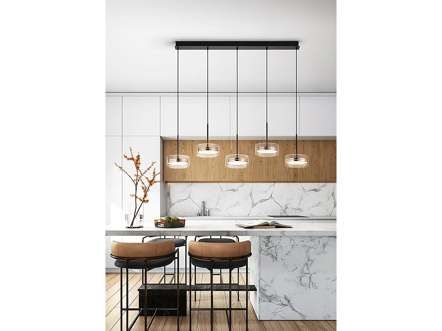 Pendellampe lavet af metal og borosilikatglas, 5 LED-lys 70 W 3000 K, blank guld og mat sort, dæmpbar, højde 250 cm - Perenz