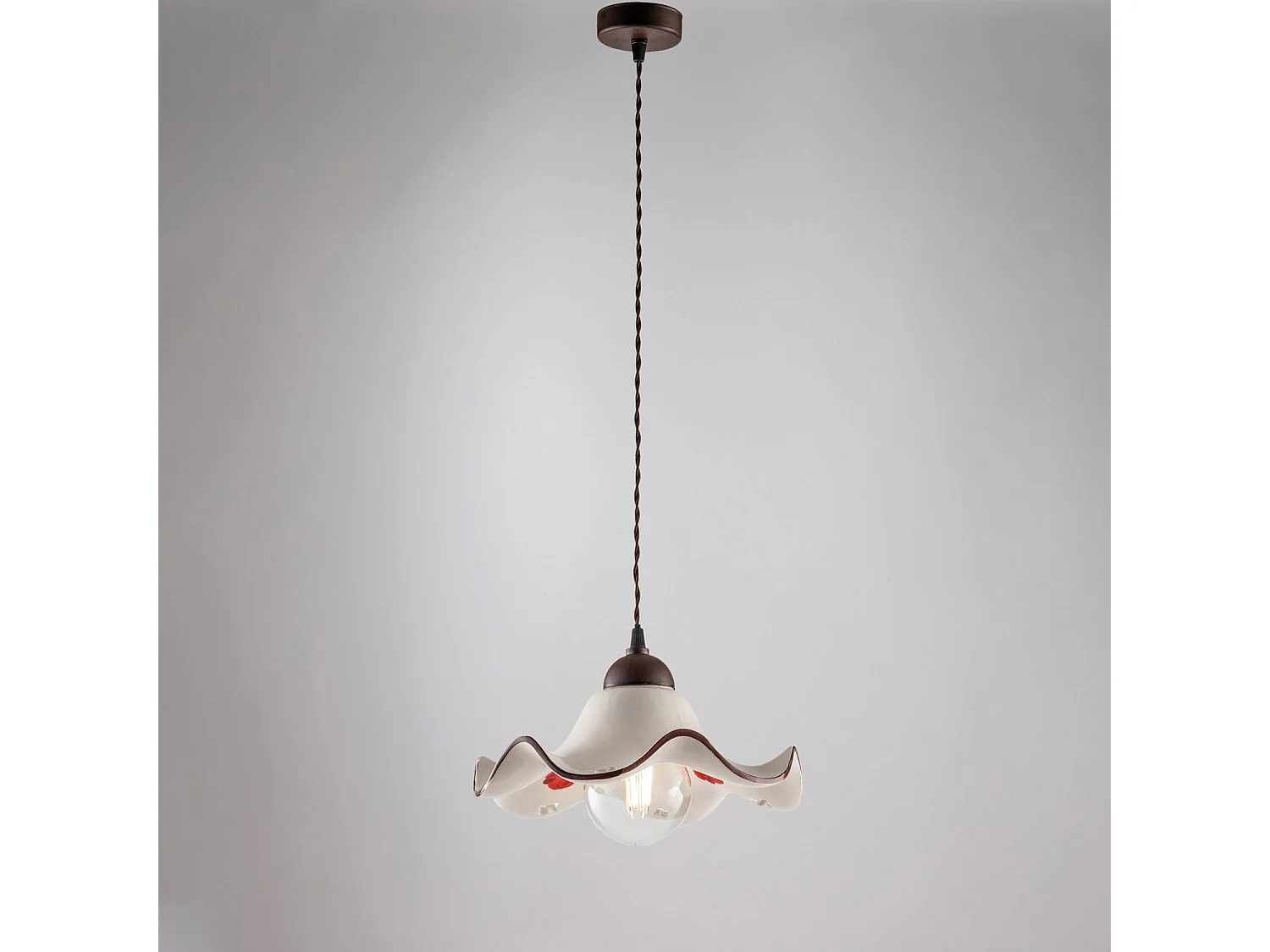 Sospensione 1 Luce Anemone In Ferro Laccato Ruggine E Ceramica Decorata