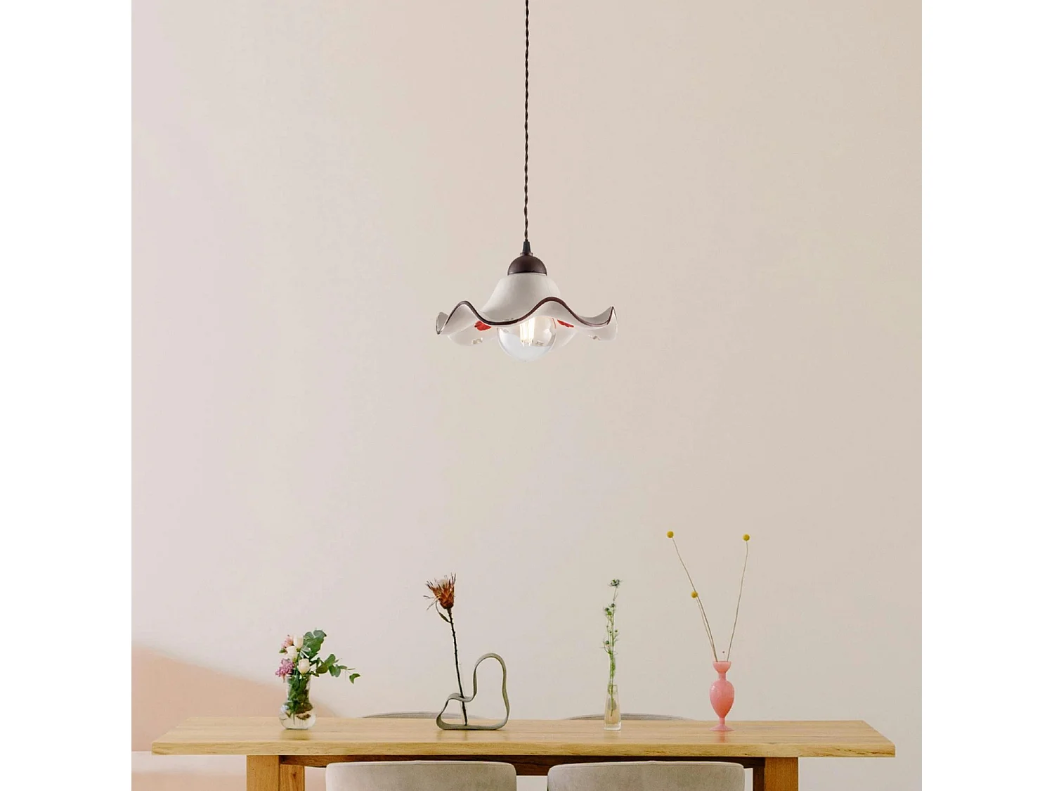 Sospensione 1 Luce Anemone In Ferro Laccato Ruggine E Ceramica Decorata