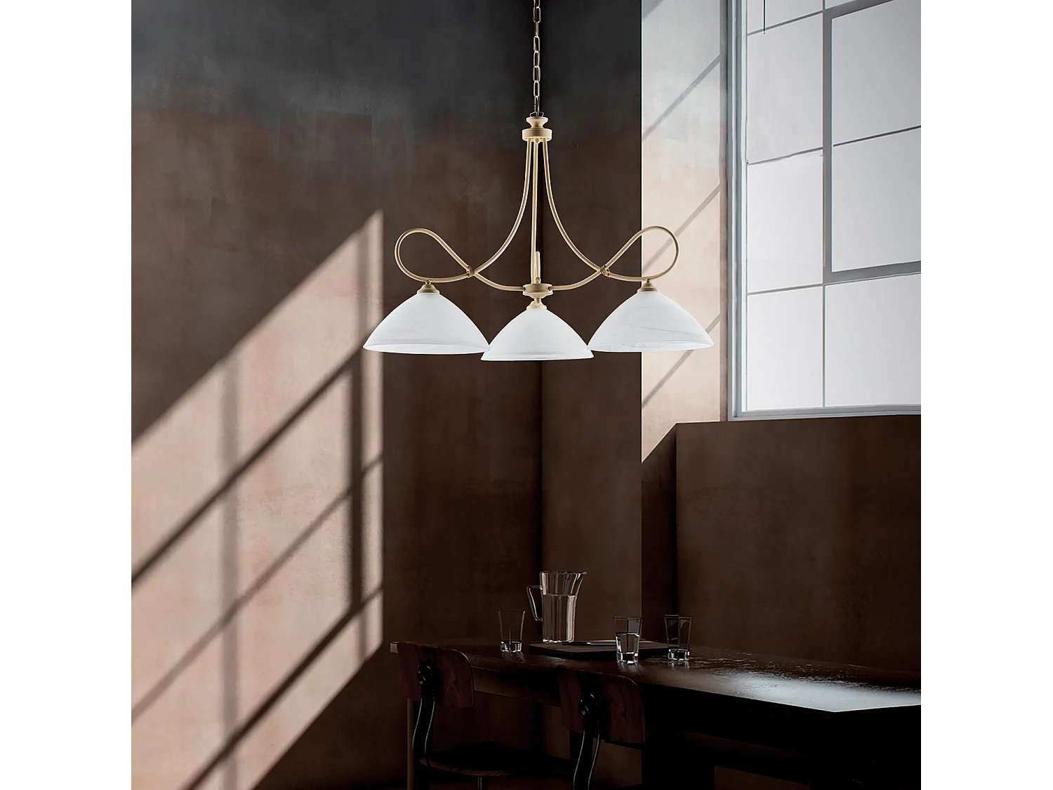 Lustre Dallas ivoire, effet décapé et or antique, verre albâtre d.13, 3 lumières, éclairage élégant et discret