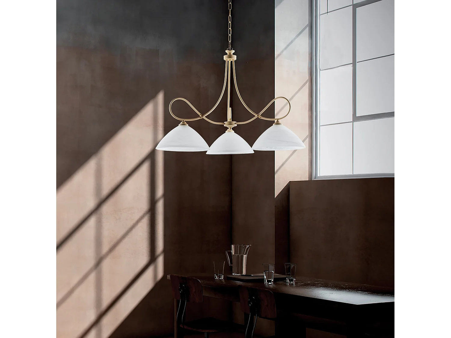 Lustre Dallas ivoire, effet décapé et or antique, verre albâtre d.13, 3 lumières, éclairage élégant et discret