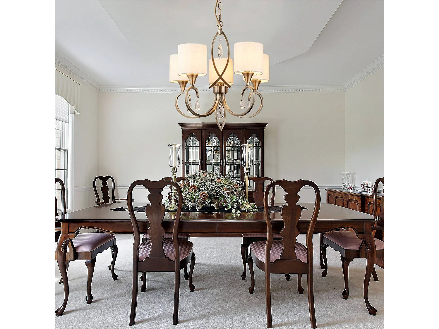 Searchlight Alberto 5 Ltt takhnge med flera armar Antik mssing, krm med kristaller, E14