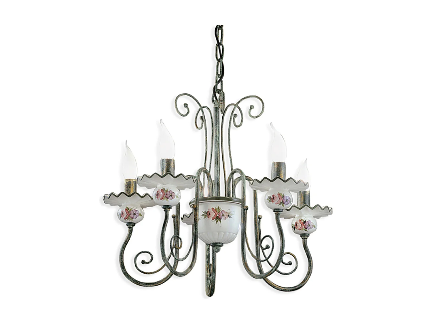 Lampadario Classico Sanremo Metallo E Ceramica Verde Sfumato Oro 5 Luci E14