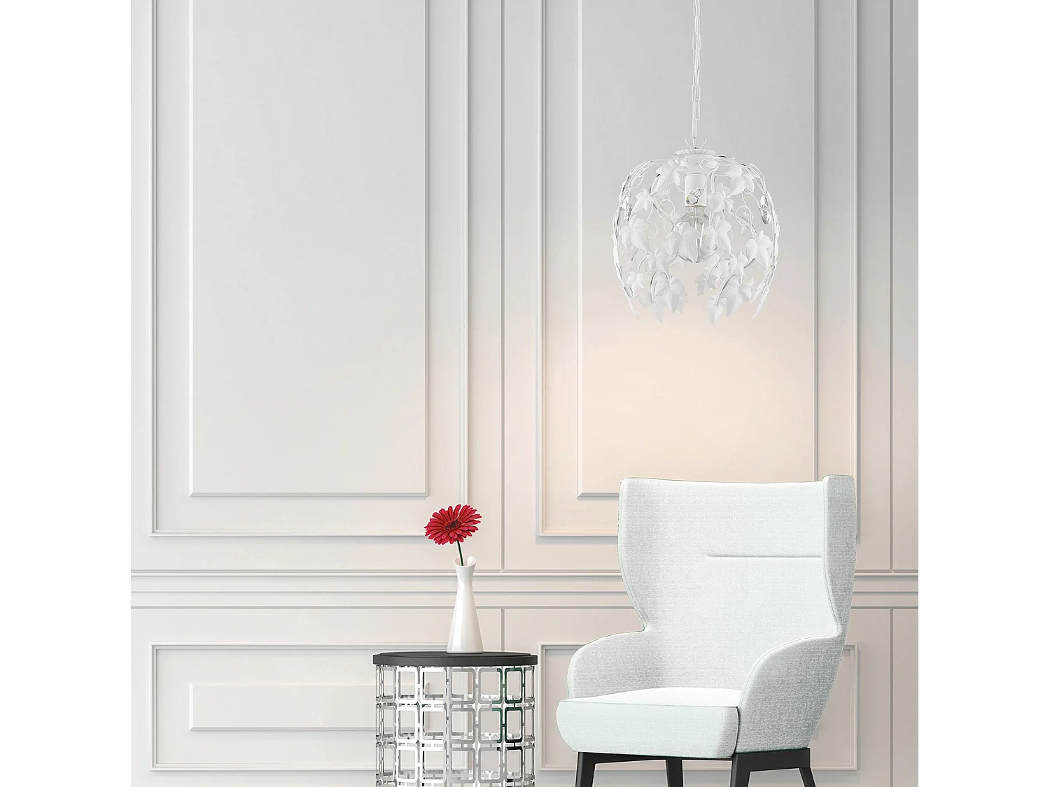 Edera Lustre en fer laqué blanc décoration effet shabby chic et strass cristal 1 lumière X 97 d.30 BL50-1-BCO