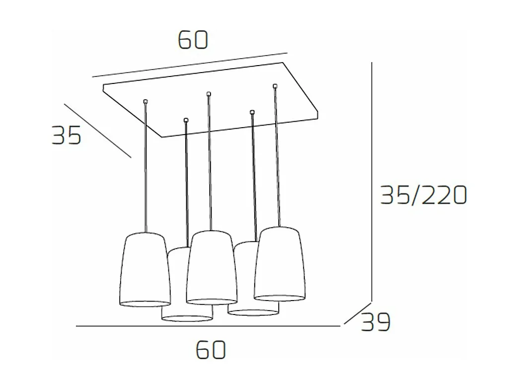 Sospensione Cromo Rettangolare 5 Luci (2 Am+2 Ra+1 Cr)