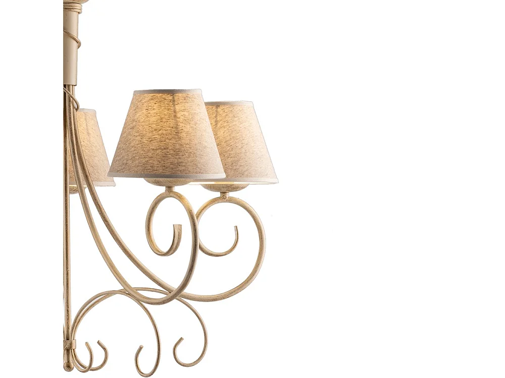 Lustre Viena em ferro marfim com deco abajures de ouro antigo e d. 13 em tecido de juta efeito pvc 5 luzes 118 Ø60