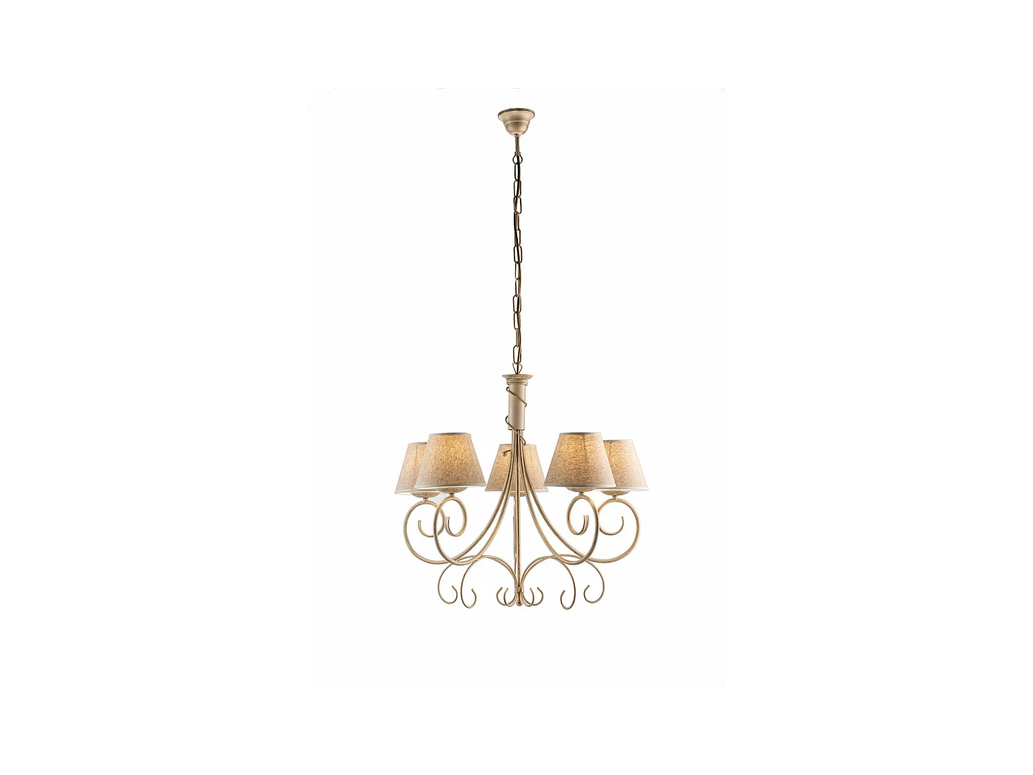 Lustre Vienna fer ivoire, décor or antique, abat-jour jute d.13, 5 lumières d.60 cm, charme vintage intemporel